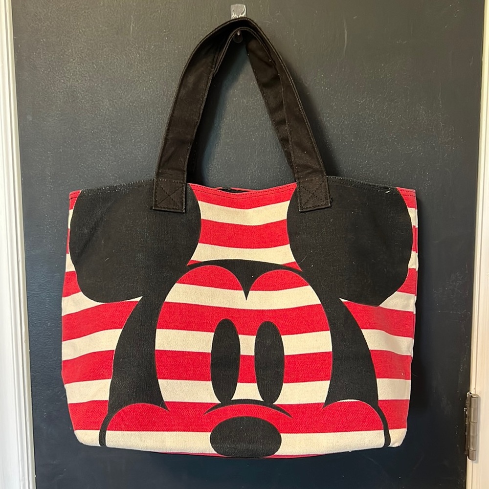 Disney Store Extra Large Canvas Tote Mickey Mouse Minnie Mouse Bag Red Striped